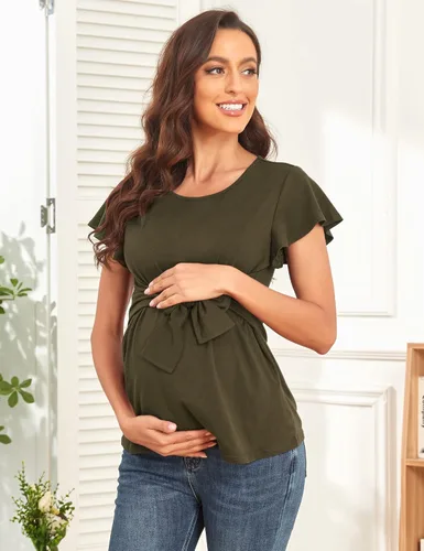 Miniatura 3 de Camisa de maternidad casual con volantes, manga corta, cuello redondo, para embarazo