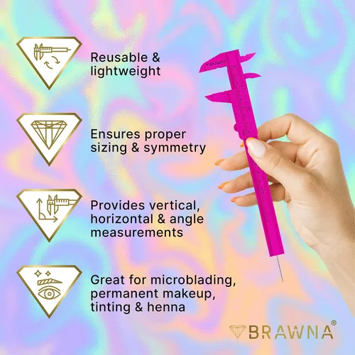 Miniatura 2 de BRAWNA Brow Pro Herramienta de medición – Regla de cejas de doble escala para microblading, cejas y maquilladores – Regla de pinza de cejas de Dorado