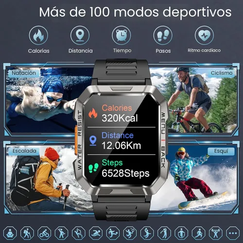 Miniatura 4 de Reloj inteligente militar para hombre (respuesta/hacer llamadas), reloj inteligente deportivo al aire libre con linterna/batería de 100