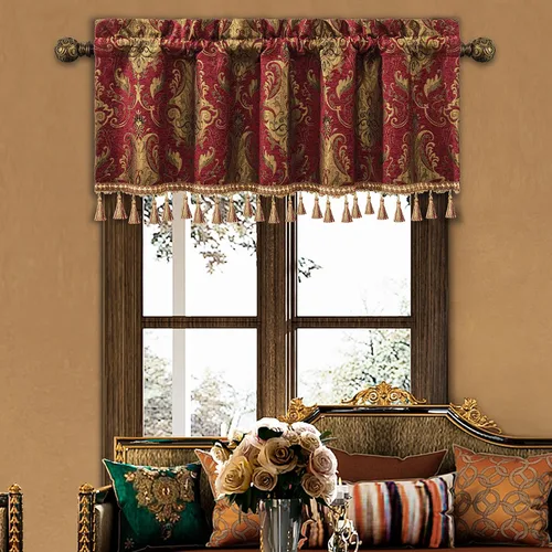 Miniatura 10 de Loom and Mill Cenefas de jacquard de lujo para ventana de sala de estar, elegante cenefa de cortina de damasco beige con ribete de cuentas, cortina