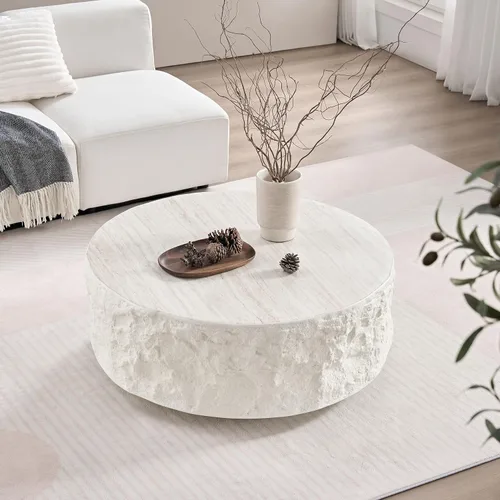 Miniatura 6 de Ø35.43'' Mesa de café redonda para sala de estar, moderna mesa de café en forma de tambor, material de fibra de vidrio, sin ensamblaje, beige