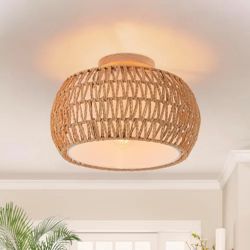 Miniatura 11 de Lámparas de Techo Bohemias de Ratán de 2 Niveles Pantalla de Lámpara de Tambor Tejida a Mano Lámpara de Techo Empotrada Dosel de Madera Candelabro