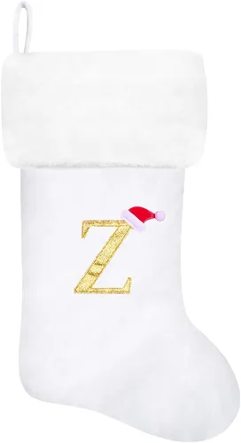Miniatura 128 de Calcetines de Navidad bordados de 20 pulgadas con monograma, terciopelo negro con puño de felpa blanca supersuave, adornos clásicos para decoración