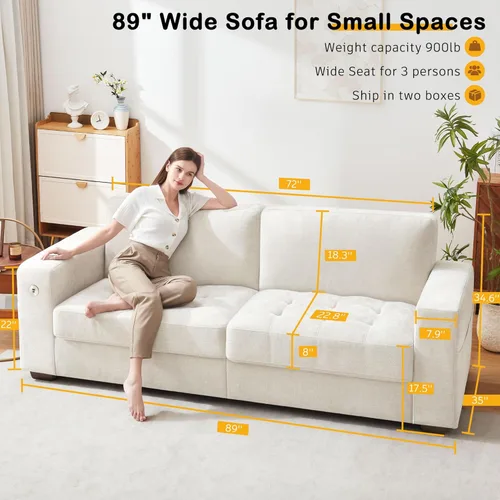 Miniatura 2 de Hanherry - Sofá de 89" para sala de estar, sofá moderno y cómodo con cojín de asiento de firmeza media, funda extraíble, reposabrazos anchos, puerto
