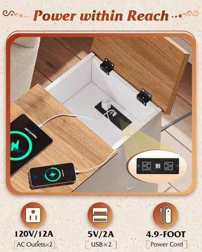 Miniatura 3 de WLIVE Mesa auxiliar con estación de carga, mesa estrecha con cajón y gabinete, mesa auxiliar con estante ajustable para sala de estar/dormitorio