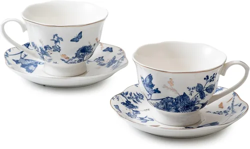Juego de 2 tazas de té, tazas de café con platillos de 7 oz (200ml), tazas de té de porcelana floral vintage con ribete dorado, taza de capuchino,