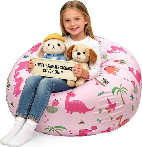 Miniatura 20 de Lukeight - Puf de almacenamiento de animales de peluche para niños, funda para puf de dinosaurio con cremallera para organizar la habitación