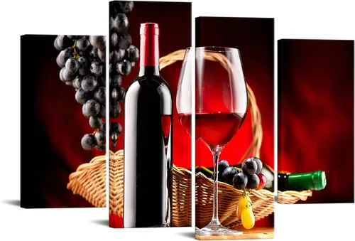 iKNOW FOTO 4 piezas de decoración de pared de cocina, vino negro y rojo, uvas, lienzo, ilustración, botella de vino, pintura, impresión de arte