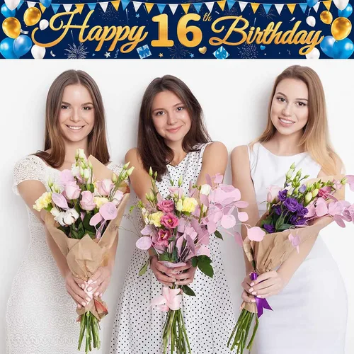 Miniatura 4 de Cartel grande de feliz cumpleaños número 16, cartel de cumpleaños azul dorado 16, suministros de decoración de fiesta de 16 años para niños y niños