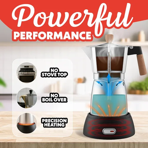 Miniatura 2 de Gourmia Cafetera eléctrica Moka Pot Espresso – Cafetera de estilo italiano de 6 disparos, base inalámbrica desmontable de 360 ° de 550 W, aluminio