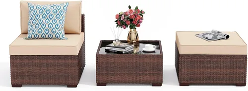 Miniatura 9 de Patiorama Juego de muebles de patio de 3 piezas, sofá seccional para exteriores, juego de conversación de ratán de mimbre de polietileno, silla sin