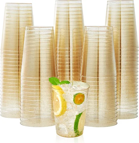 JOLLY CHEF Paquete de 200 vasos de plástico con purpurina dorada de 10 onzas, vasos de plástico desechables, vasos dorados con purpurina adecuados