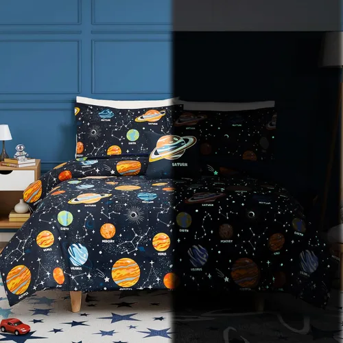Miniatura 10 de Juego de edredón para niños Kaleido Space tamaño individual para niños, juego de ropa de cama para niños con luz en la oscuridad para jugadores, 1