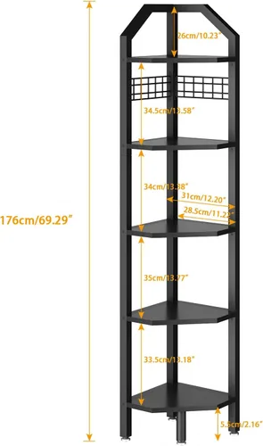 Miniatura 3 de YMYNY UHBR006B - Estante esquinero de pared de 5 niveles, estante de escalera de esquina, marco de metal, estante de exhibición con rejilla de Negro