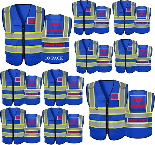 Miniatura 11 de Chaleco de seguridad reflectante de malla con logotipo personalizado Clase 2 con 5 bolsillos y cremallera Amarillo-5pack