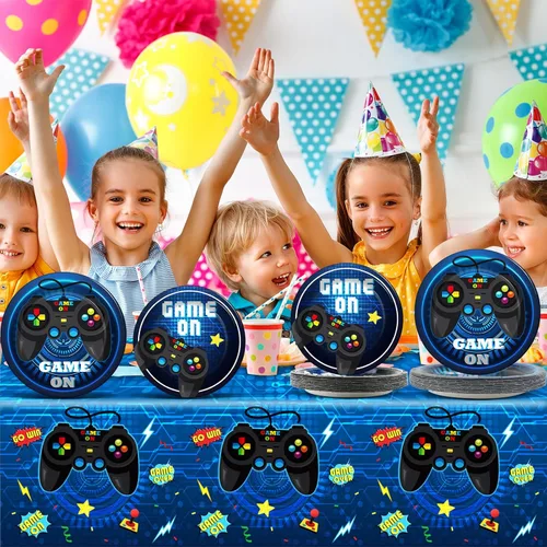 Miniatura 5 de Juego de suministros para fiesta de videojuegos, vajilla para 24 invitados, platos para fiesta de cumpleaños temática de juegos, decoración