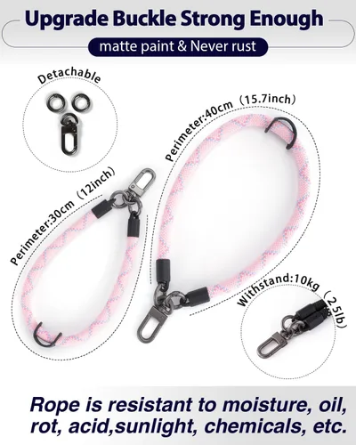 Miniatura 6 de Correa de mano para muñeca, 2 parches para teléfono, soporte para teléfono celular, correa de muñeca para llaves, AirPods, cámara (rosa, 12 pulgadas)