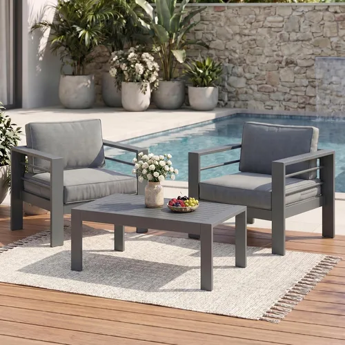 Solaste Sofá de aluminio para patio con mesa auxiliar, juego de 3 muebles de patio con cojines, sofá de exterior para todo tipo de clima para