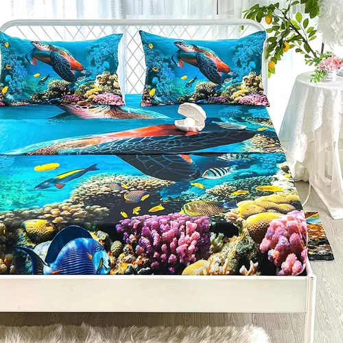Miniatura 5 de CVHOUSE Juego de sábanas bajeras de tortuga marina, tamaño individual, juego de ropa de cama de tortuga para niños y niñas, 1 sábana encimera y 1 A4
