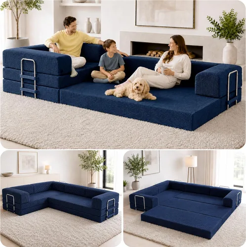 Miniatura 13 de TUFT & FINCH Sofá comprimido en forma de L de alta calidad, cama y asientos de 3 plazas, sofás seccionales convertibles para sala de estar, oficina