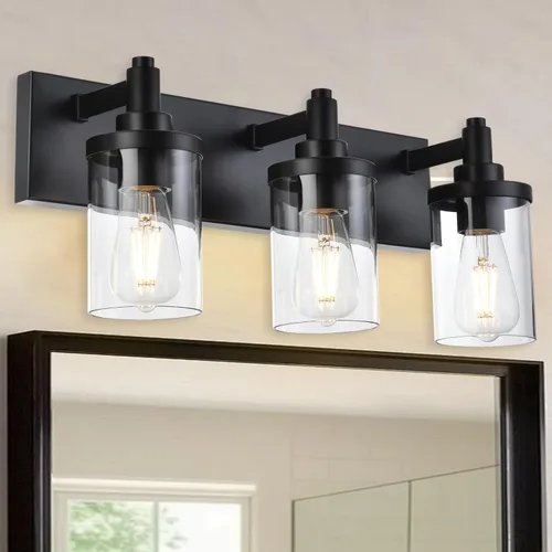 Iluminación moderna de tocador, 3 luces negras mate, apliques de pared vintage con pantalla de clase transparente, luces industriales montadas en la