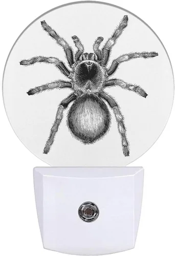 Red de araña blanca y negra, luz nocturna espeluznante y aterradora araña LED del atardecer al amanecer, luz nocturna enchufable, sensor automático