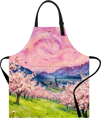Miniatura 20 de Delantal divertido con bolsillo para mujeres y hombres, delantal de cocina ajustable para barbacoa y horneado con lindos animales y flores