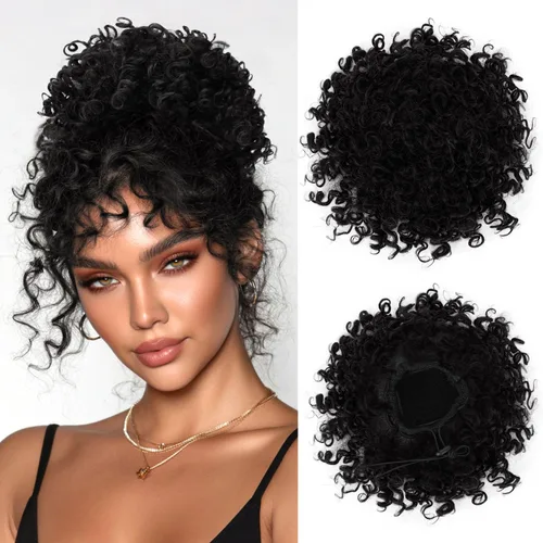 Miniatura 12 de PEACOCO Extensión de Cola de Caballo Corta y Rizada Moño Desordenado con Cordón Elástico Moño de Cabello Suelto para Mujeres con Cabello Delgado
