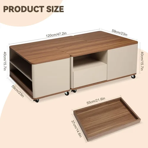 Miniatura 6 de Mesa de centro de granja con almacenamiento, mesa auxiliar rectangular de forma ajustable, mesa central con 8 ruedas y 2 cajones, mesa de centro