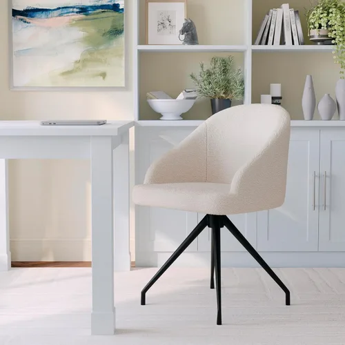 Miniatura 7 de Martha Stewart Silla giratoria fija Sora con brazos inclinados para oficina en casa en blanco bouclé con marco de bronce cepillado al óleo Boucle