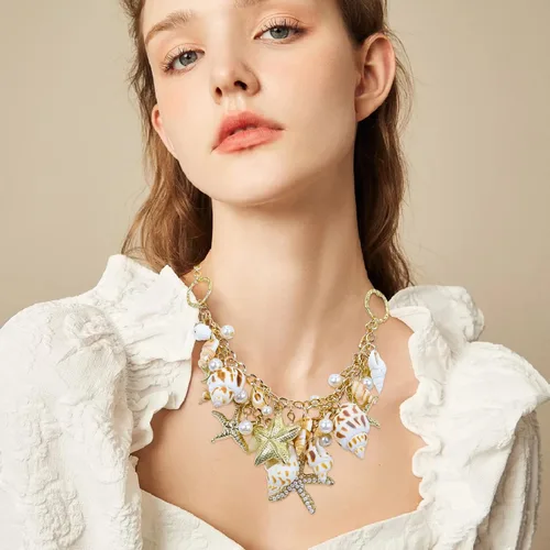 Miniatura 5 de Halawly Gargantilla de concha de cola de sirena, collar de moda con diseño de concha de mar y estrella de mar de perlas de imitación, collar grueso