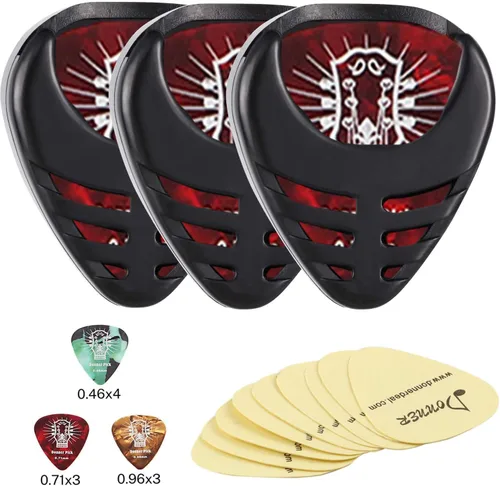 Donner Soporte para púas de guitarra, con estuche de púas, paquete de 3, 10 púas de guitarra que contienen púas delgadas, medianas y pesadas, 9