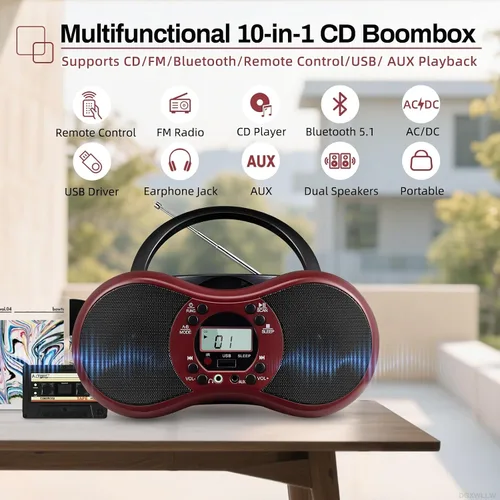 Miniatura 3 de Boombox reproductor de CD portátil para el hogar con radio FM, Bluetooth, reproducción de CD-R/CD-RW/MP3 CDs, control remoto, puerto USB, entrada