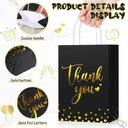Miniatura 5 de Tinlade 12 bolsas de regalo de agradecimiento con papel de seda de lunares dorados, bolsas de agradecimiento con asa, recuerdos de fiesta para Negro