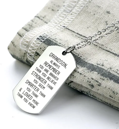 Miniatura 3 de danjie To My Grandson Dog Tag - Collar con colgante de acero inoxidable militar nieto siempre recuerda que eres más valiente más fuerte de lo que