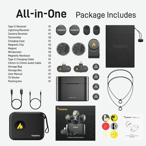 Miniatura 9 de MAONO Micrófono Lavalier inalámbrico para iPhone/Android/cámara/PC, mini micrófono de solapa con 48 khz 24 bits, filtro de voz, cancelación