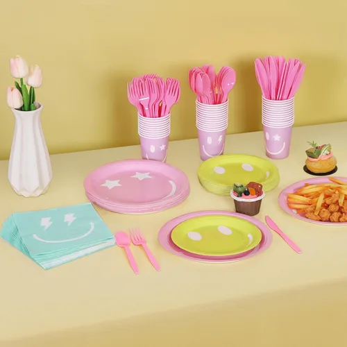 Miniatura 4 de durony 254 piezas de decoración de fiesta de cara sonriente pastel pastel sonriente platos de papel servilletas, tazas, tenedores, cuchillos