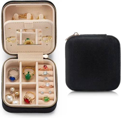 ilycase Joyero de terciopelo, organizador de joyas de viaje, organizador de aretes con espejo, estuche de viaje para joyas, joyero de viaje (negro)