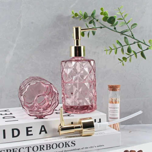 Miniatura 5 de Dispensador de jabón con bomba, dispensador de jabón con patrón de diamante para encimera de cocina, baño, accesorios de baño rosa intenso Rosa