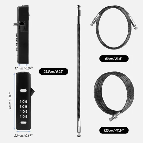 Miniatura 5 de Candado de cable de combinación de 4 dígitos, 3 cuerdas de acero trenzadas intercambiables (9"/23.6"/47.2"), cerradura de alambre antirrobo