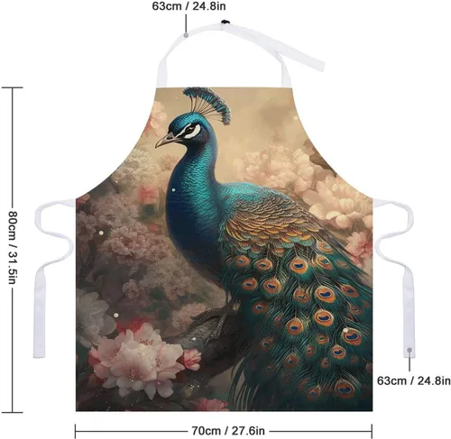Miniatura 2 de MUSM Apron for Adults - 27.6 X 31.5 Inch, Heavy-Duty Polyester Aprons with Two Large Pockets, Waterproof Oriental Peacock Pattern Kitchen Apron for