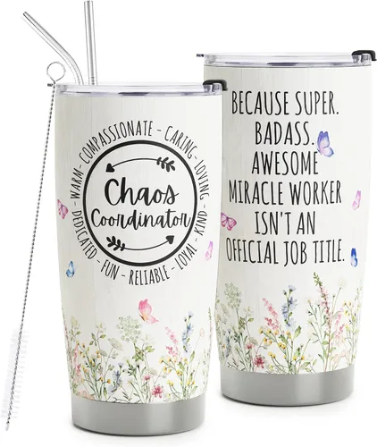 regalos de Coordinador de Caos - Taza de viaje Coordinador de Caos con pajita para mamá, compañera de trabajo, jefa, gerente, empleada - Taza de