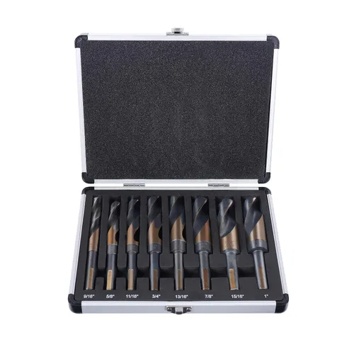 Juego de brocas de vástago reducido, 8 piezas de brocas grandes plateadas y Deming con caja de índice de aluminio, M2 acabado negro y dorado HSS,