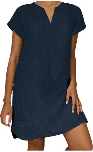 Ceboyel Vestido corto de lino y algodón para mujer, vestido camisero de verano, cuello en V, manga corta, vestidos de playa, ropa bohemia para mujer