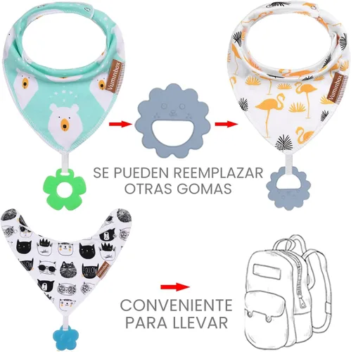 Miniatura 3 de Baberos tipo bandana para bebé, paquete de 6 unidades y juguetes para la dentición, paquete de 6, hechos con 100% algodón orgánico, absorbente