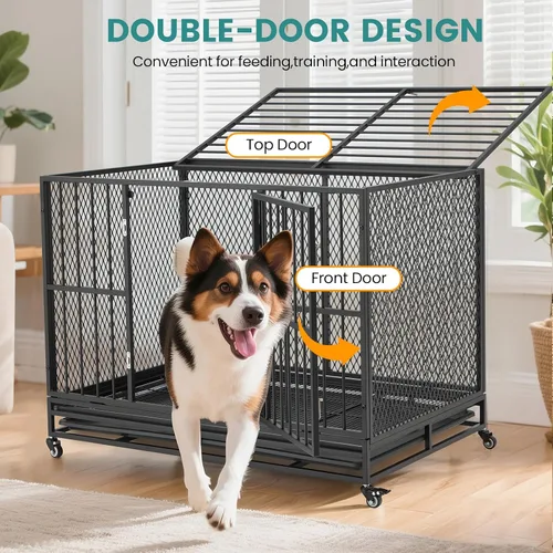 Miniatura 4 de Erinnyees Jaula para perros resistente de 42 pulgadas, perrera plegable para perros medianos y pequeños, jaula de metal con ruedas con bloqueo