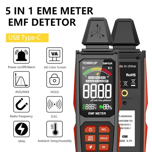 Miniatura 2 de Detector EMF, TEMIRUP 5 en 1 Medidor EMF Portátil Detector de Radiación, Detecta EF, RF, MF, Señal WiFi, Temperatura, Humedad, Lector EMF Recargable