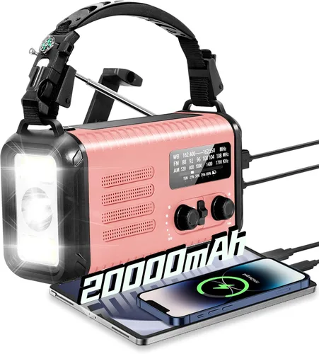 Miniatura 12 de Radio de emergencia de manivela, radio meteorológica de manivela solar de 20000 mAh / 74000 mWh con NOAA/AM/FM, radio alimentada por batería