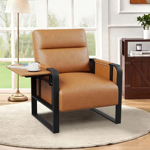 Miniatura 18 de Silla de Acento Moderna Tapizada en Cuero PU Sillón con Mesa de Bandeja para Dormitorio Sala de Estar Sillas Silla de Oficina Beige