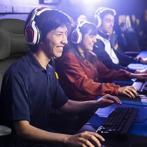 Miniatura 6 de Silla de oficina ergonómica de piel sintética con reposacabezas y reposacabezas para juegos de masaje, silla de oficina de carreras de PC, silla Gris